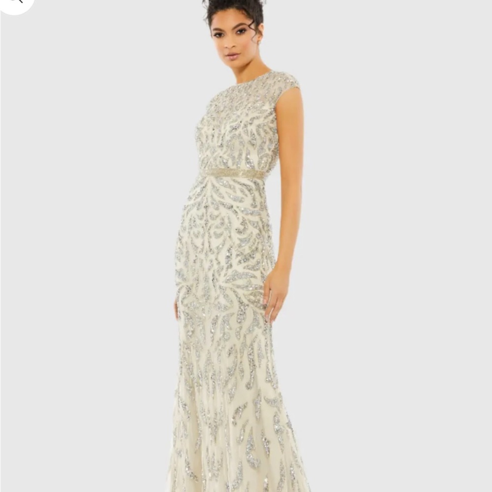 Mac Duggal Silver Embellished Maxi Dress